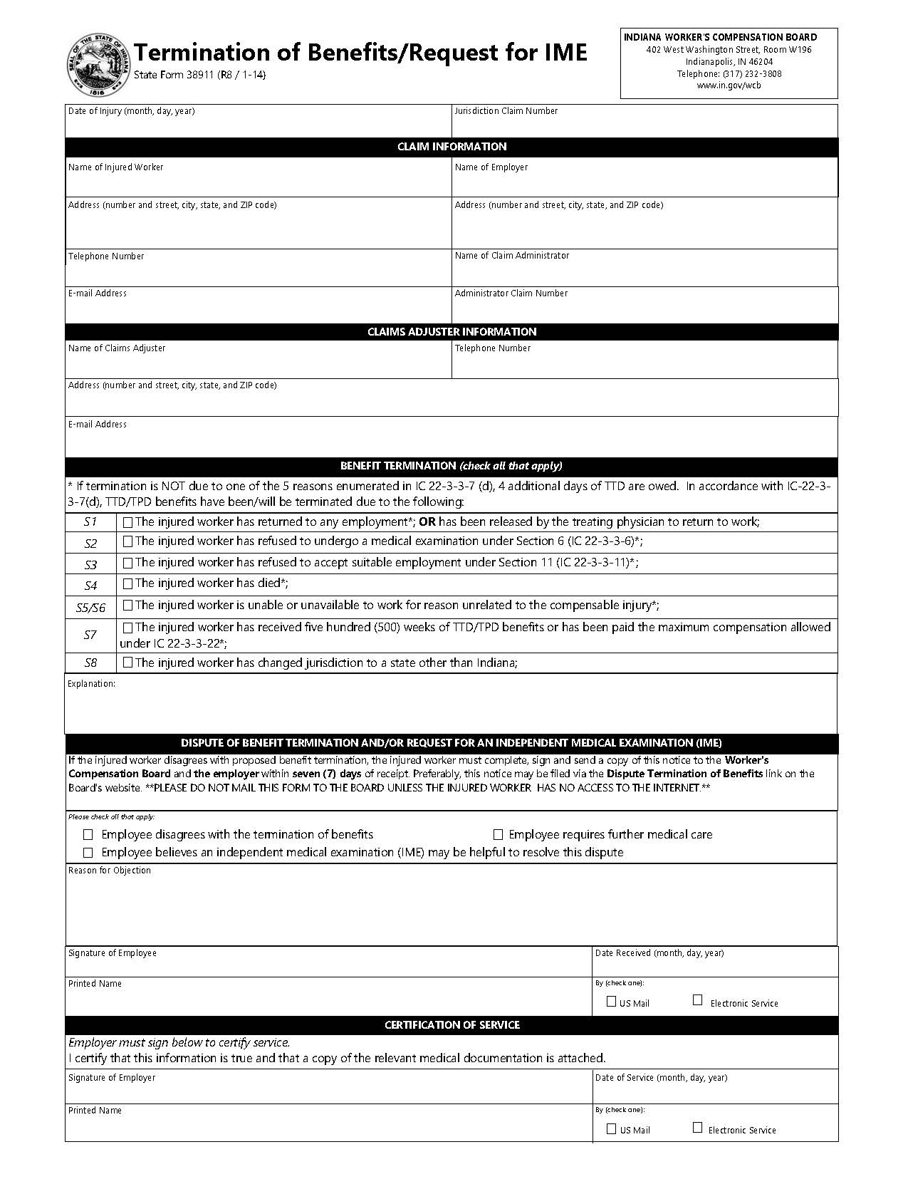 Termination Of Benefits-Request For IME {38911} | Pdf Fpdf Doc Docx | Indiana