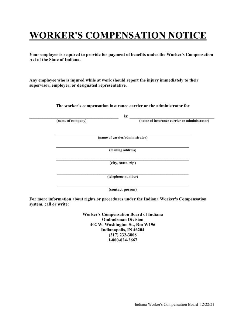 Workers Compensation Notice | Pdf Fpdf Docx | Indiana