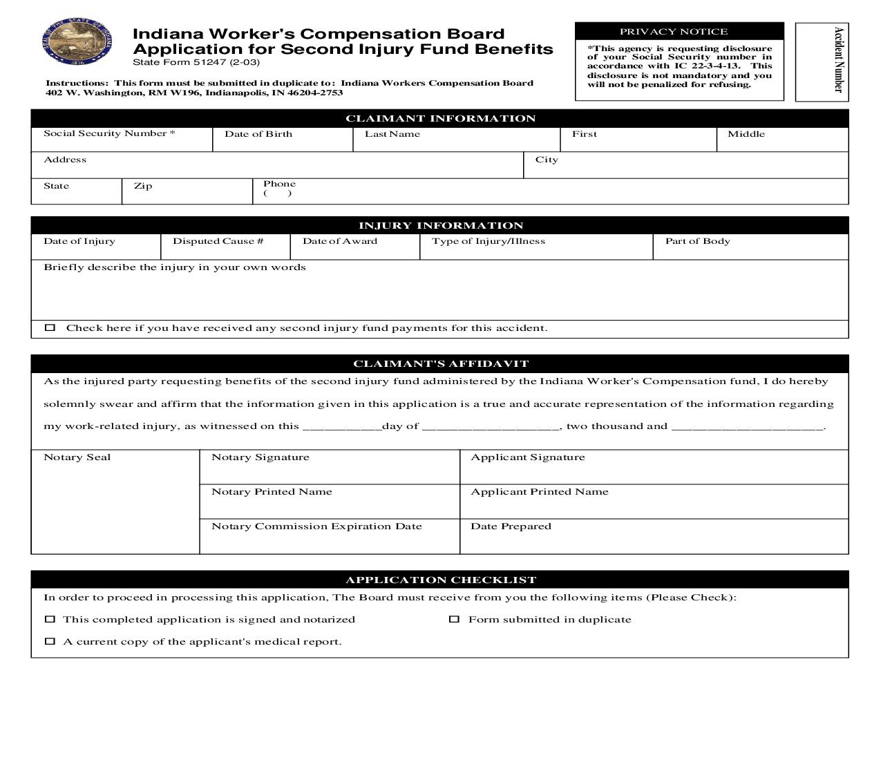 Application For Second Injury Fund Benefits {51247} | Pdf Fpdf Doc Docx | Indiana