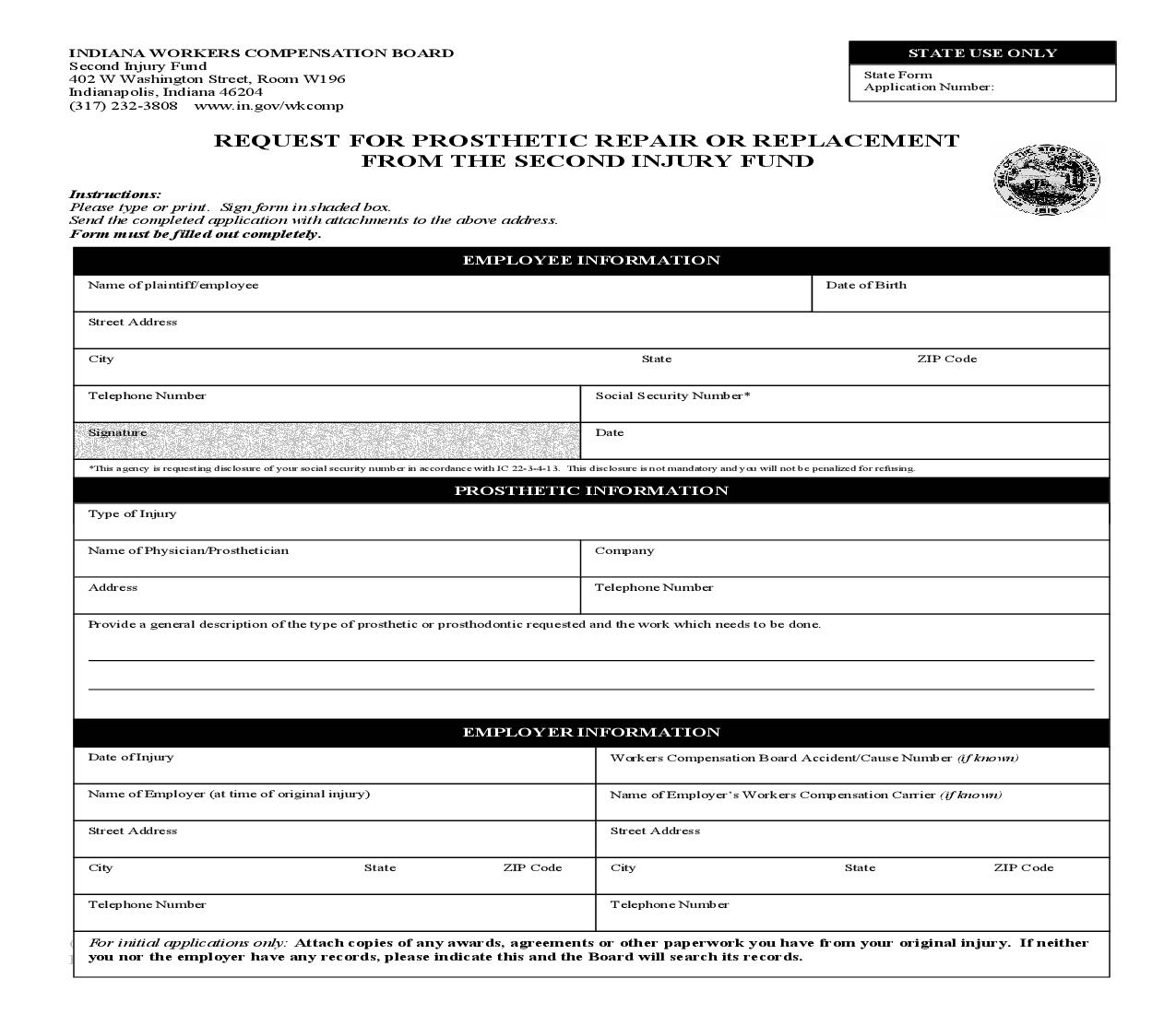 Request For Prosthetic Repair Or Replacement From Second Injury Fund {51702} | Pdf Fpdf Doc Docx | Indiana