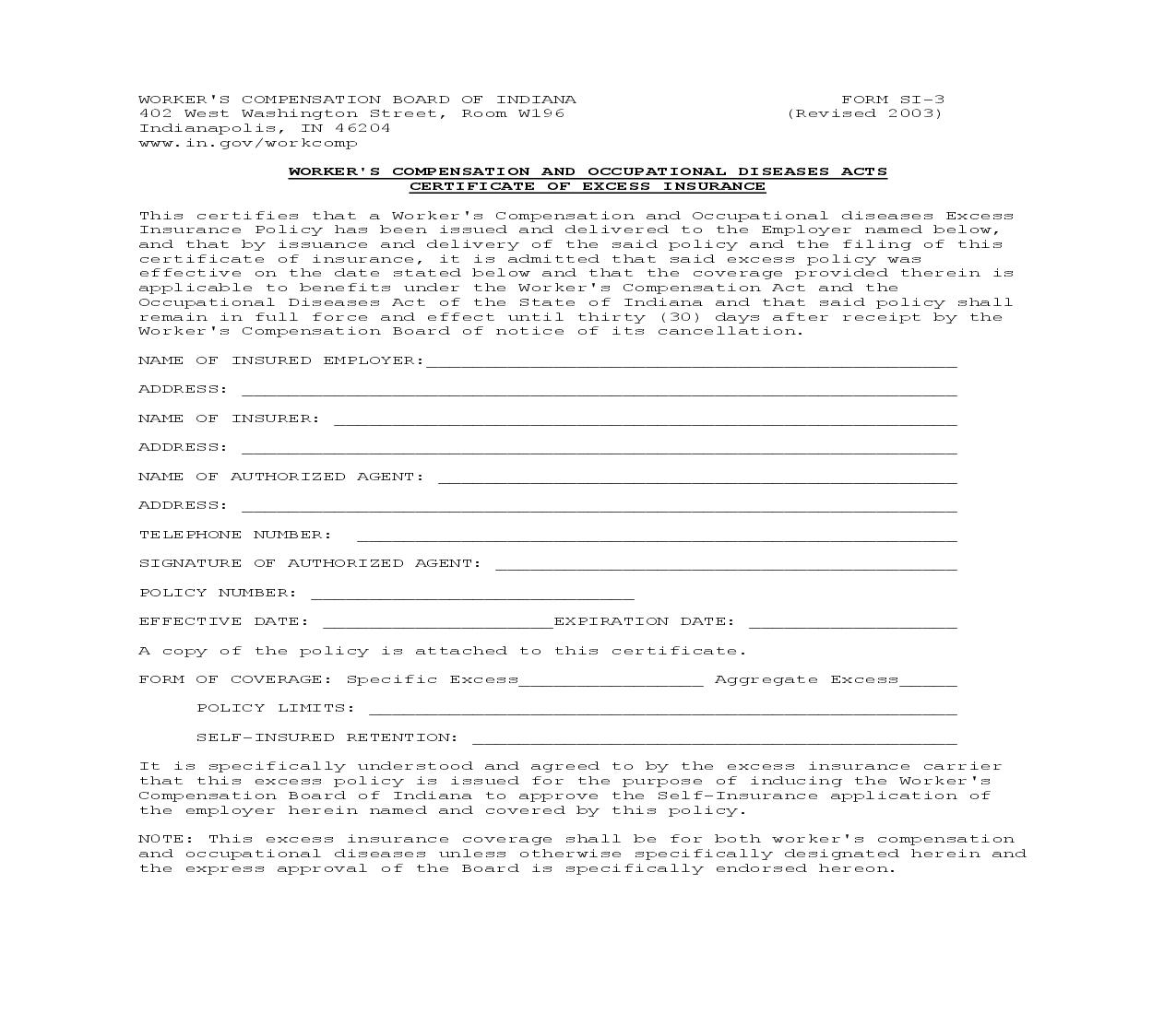 Certificate Of Excess Insurance {SI-3} | Pdf Fpdf Doc Docx | Indiana