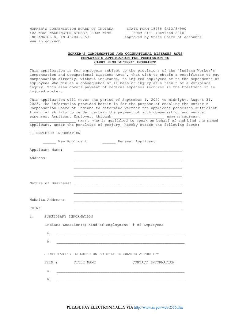 Employers Application For Permission To Carry Risk Without Insurance {SI-1} | Pdf Fpdf Docx | Indiana