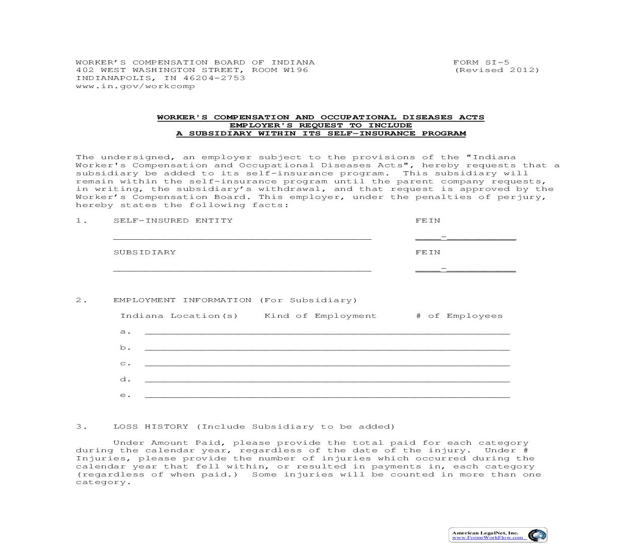 Employers Request To Include Subsidiary Within Self Insurance Program {SI-5} | Pdf Fpdf Doc Docx | Indiana
