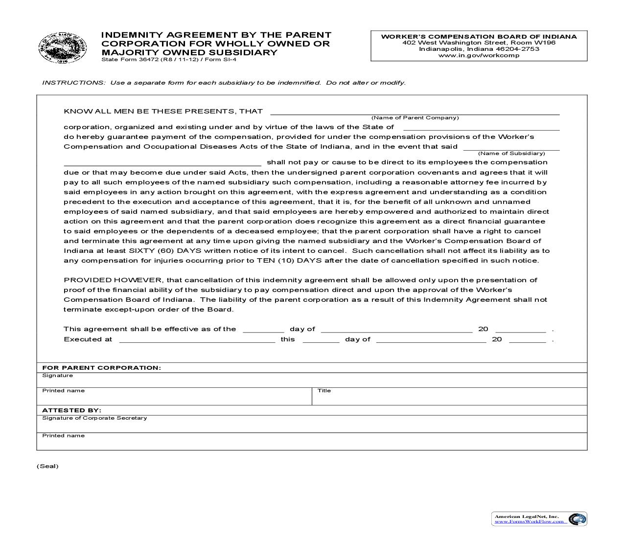 Indemnity Agreement By Parent Corporation For Wholly Owned Or Majority Owned Subsidiary {SI-4} | Pdf Fpdf Doc Docx | Indiana