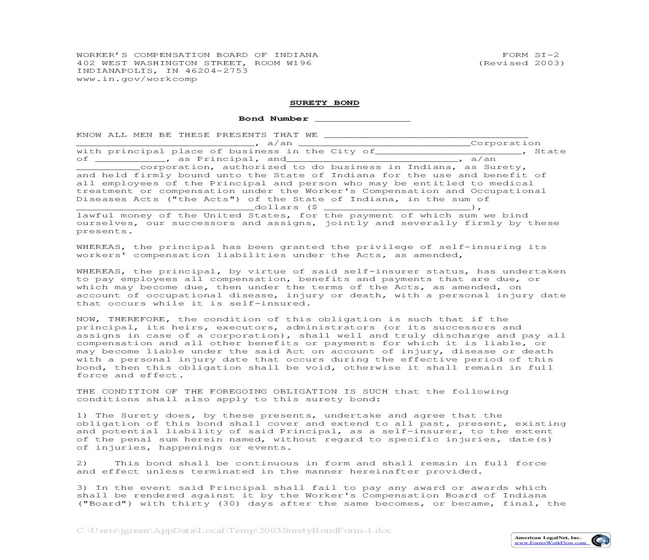 Surety Bond {SI-2} | Pdf Fpdf Doc Docx | Indiana