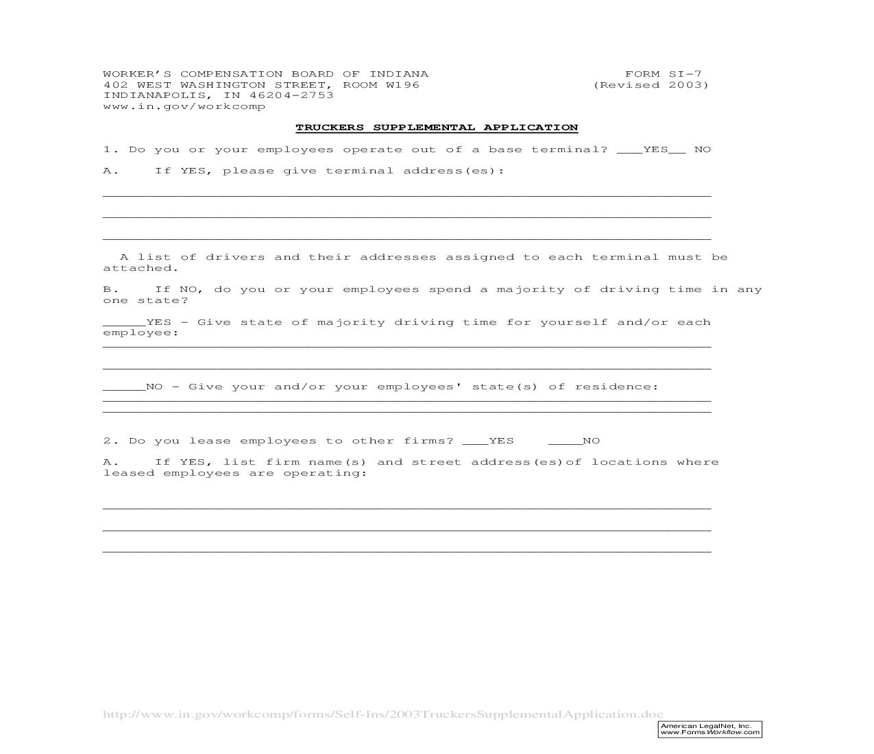 Truckers Supplemental Application {SI-7} | Pdf Fpdf Doc Docx | Indiana