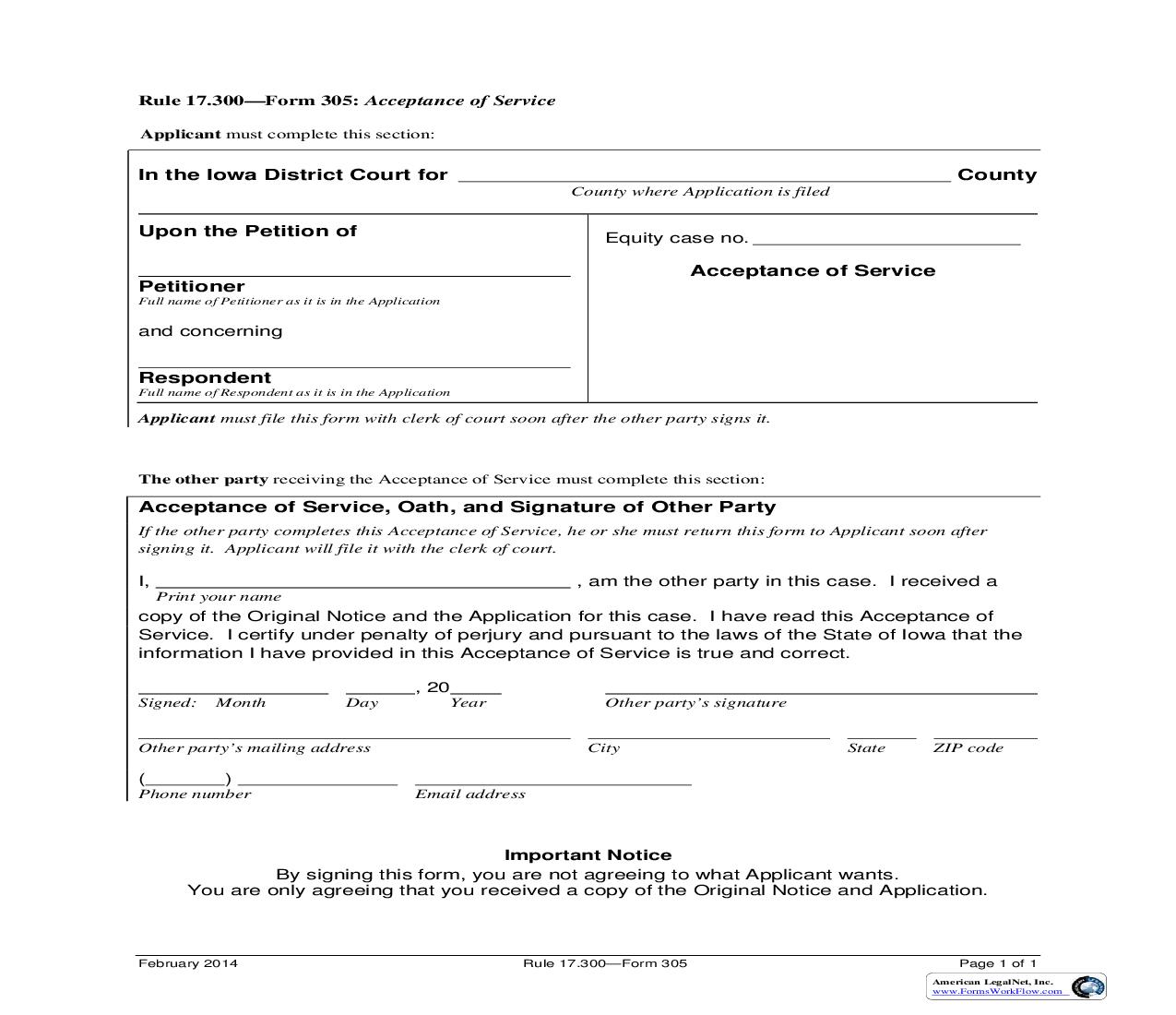 Acceptance Of Service {Form 305} | Pdf Fpdf Doc Docx | Iowa