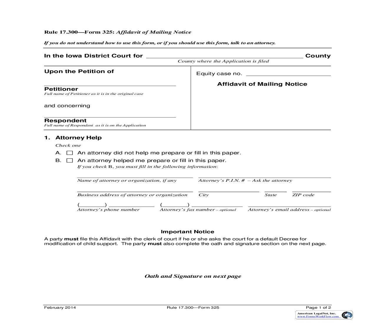 Affidavit Of Maling Notice {Form 325} | Pdf Fpdf Doc Docx | Iowa