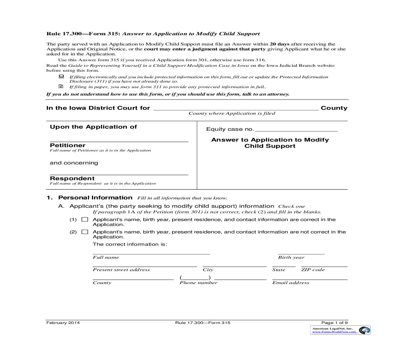 Answer To Application To Modify Child Support {Form 315} | Pdf Fpdf Doc Docx | Iowa