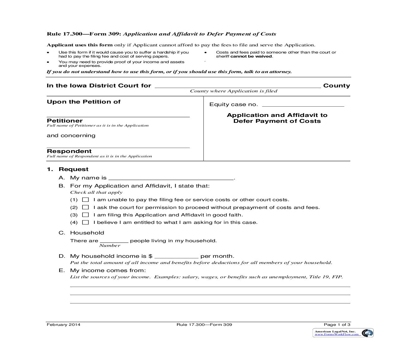 Application And Affidavit To Defer Payment Of Costs {Form 309} | Pdf Fpdf Doc Docx | Iowa