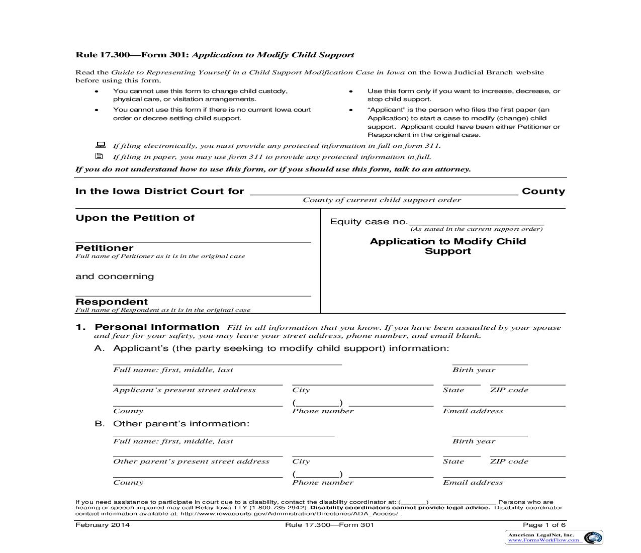 Application To Modify Child Support {Form 301} | Pdf Fpdf Doc Docx | Iowa