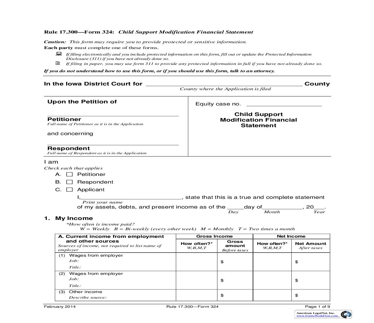 Child Support Modification Financial Statement {Form 324} | Pdf Fpdf Doc Docx | Iowa