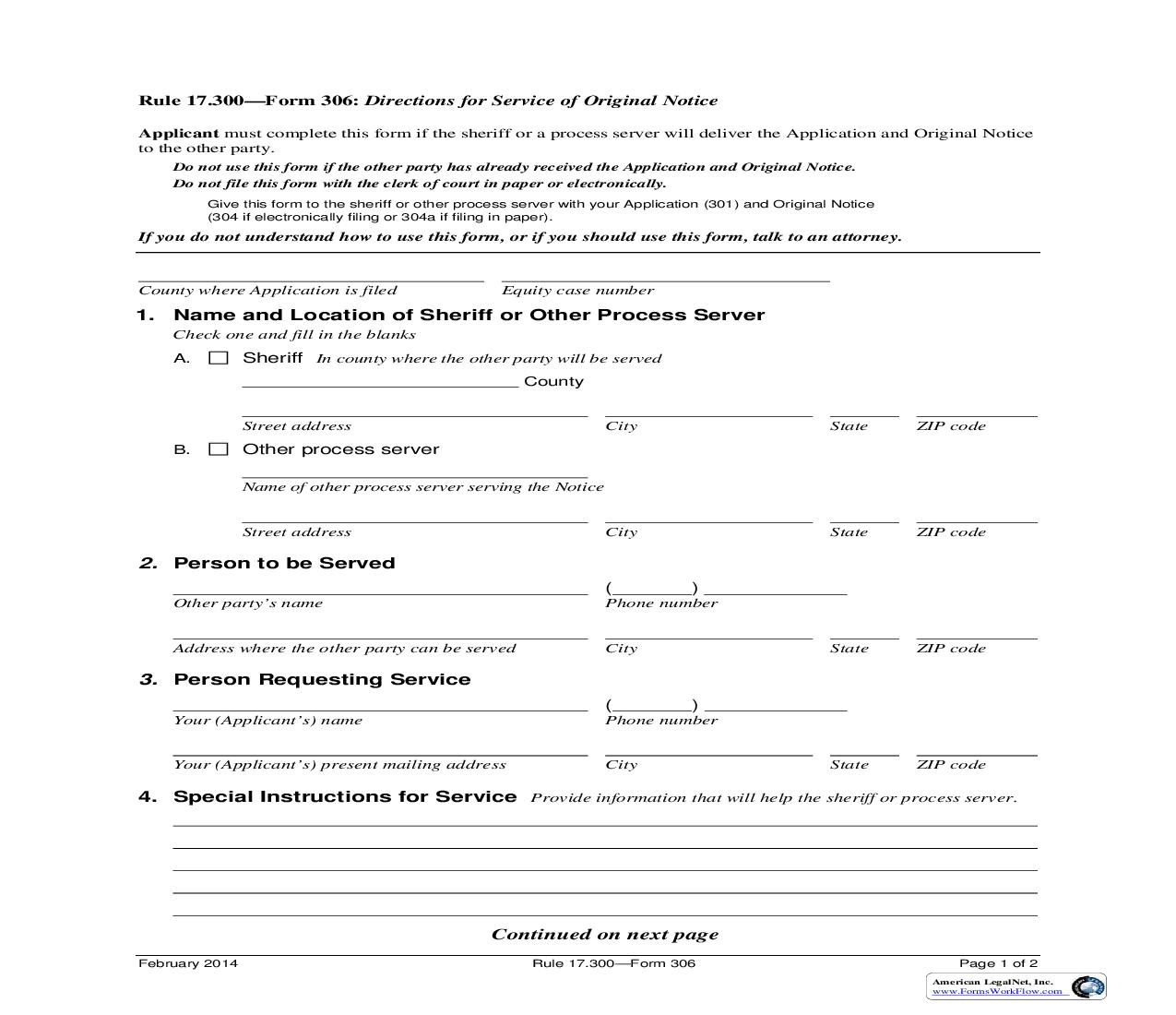 Directions For Service Of Original Notice {Form 306} | Pdf Fpdf Doc Docx | Iowa