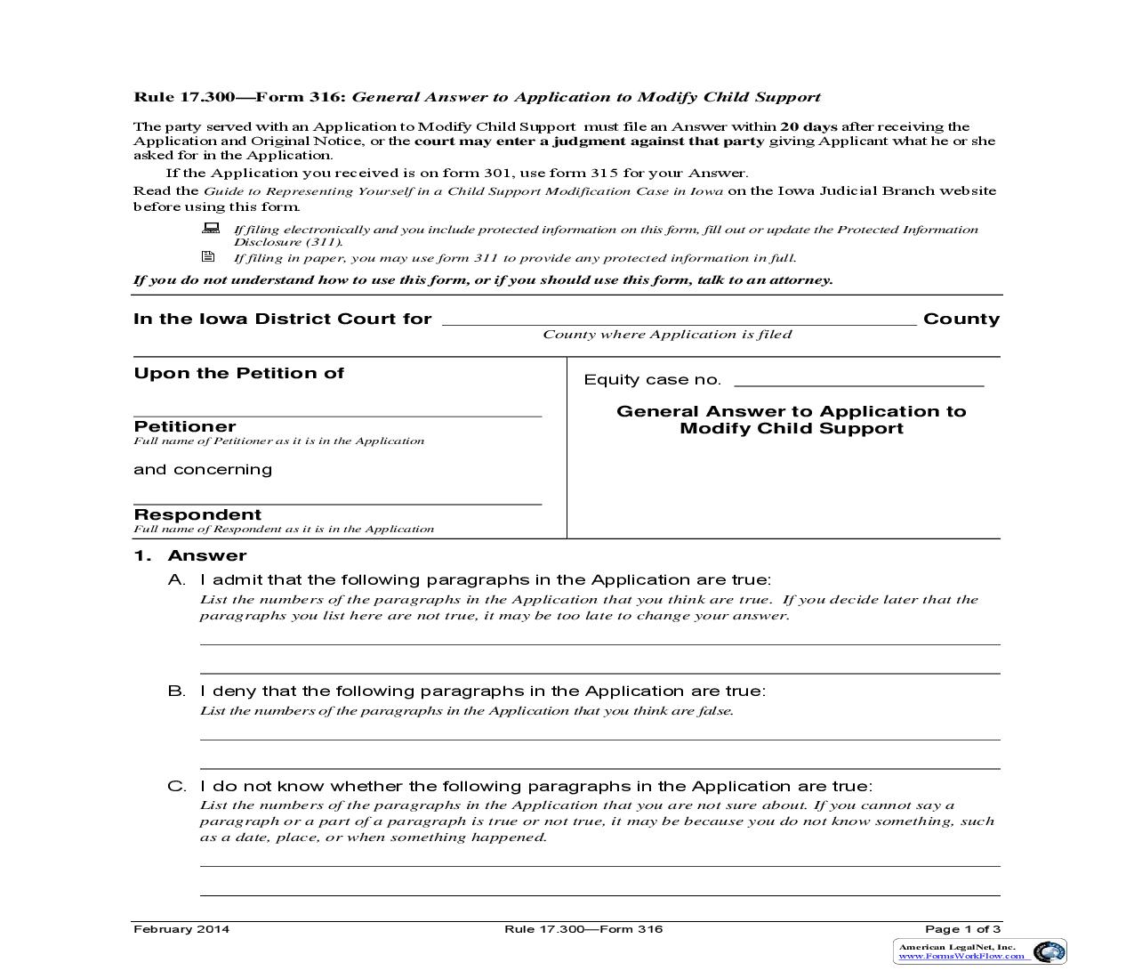 General Answer To Application To Modify Child Support {Form 316} | Pdf Fpdf Doc Docx | Iowa
