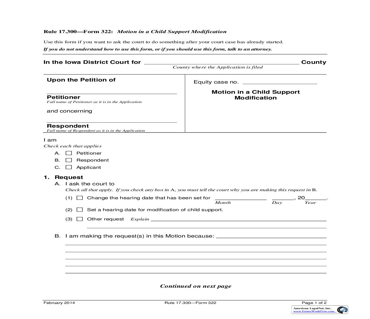 Motion In Child Support Modification {Form 322} | Pdf Fpdf Doc Docx | Iowa