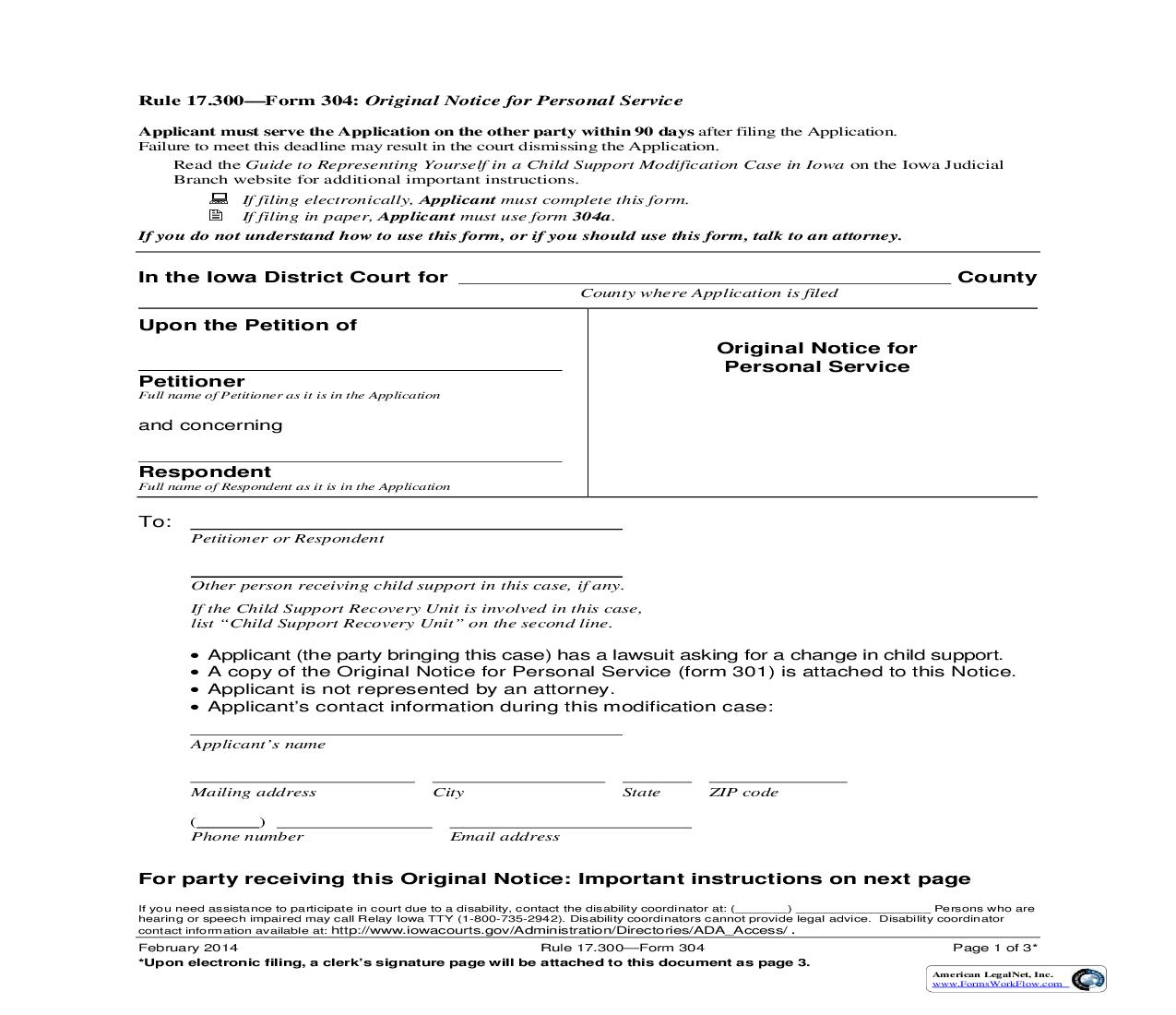 Original Notice For Personal Service (Efiling) {Form 304} | Pdf Fpdf Doc Docx | Iowa