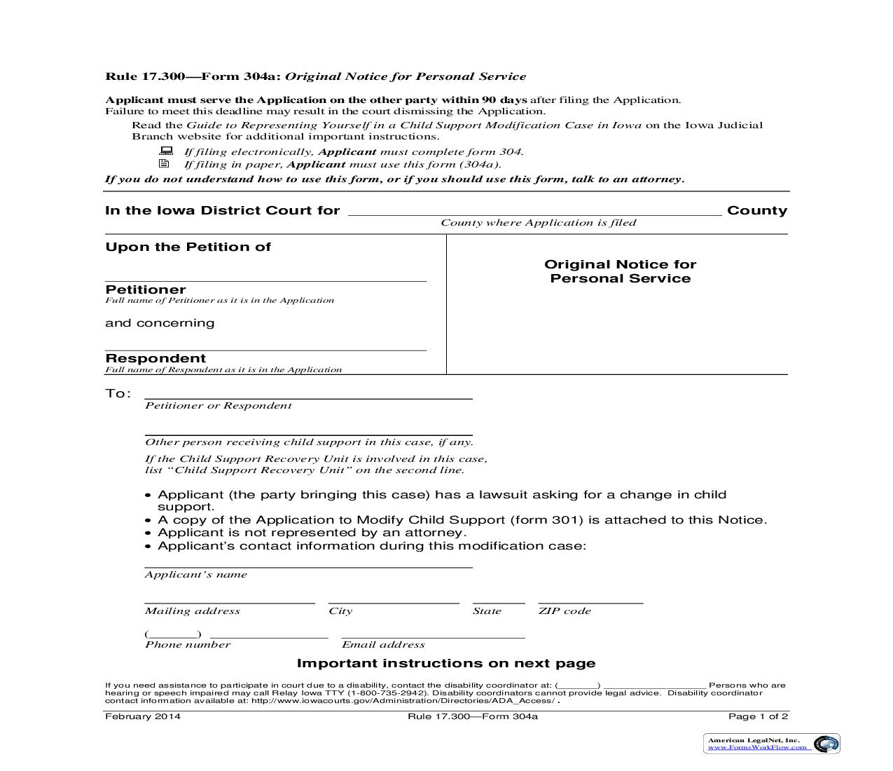 Original Notice For Personal Service (Paper Filing) {Form 304a} | Pdf Fpdf Doc Docx | Iowa