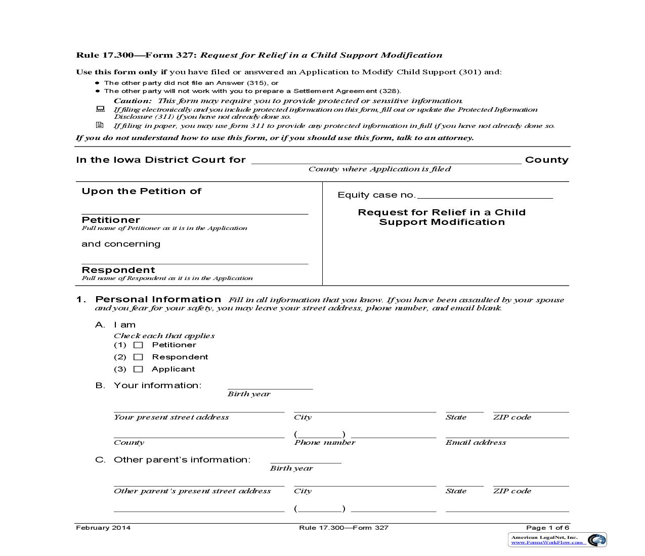 Request For Relief In Child Support Modification {Form 327} | Pdf Fpdf Doc Docx | Iowa