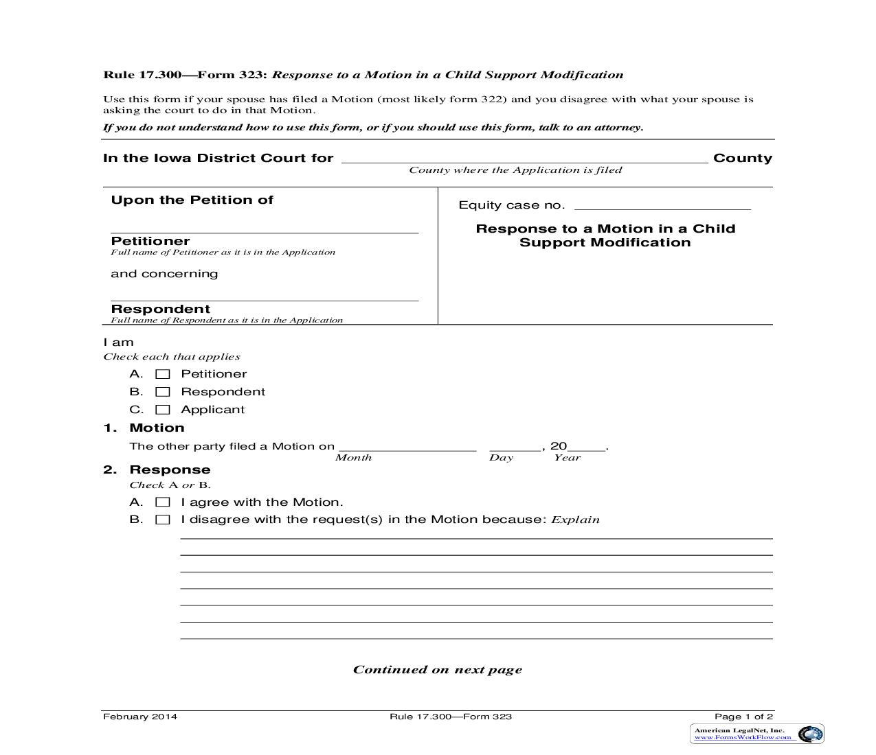 Response To Motion In Child Support Modification {Form 323} | Pdf Fpdf Doc Docx | Iowa