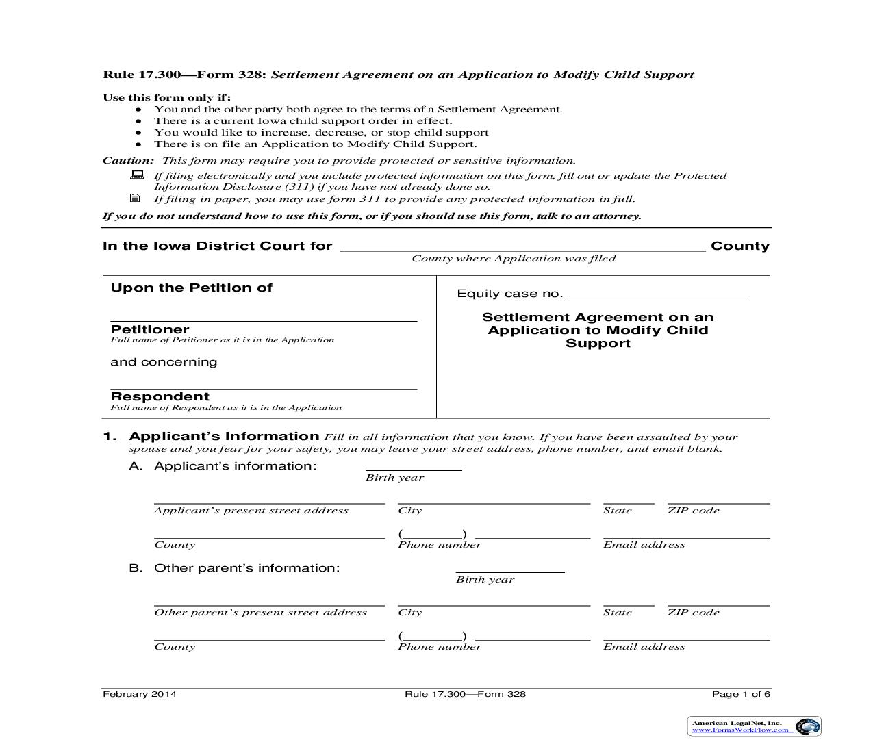 Settlement Agreement On Application To Modify Child Support {Form 328} | Pdf Fpdf Doc Docx | Iowa