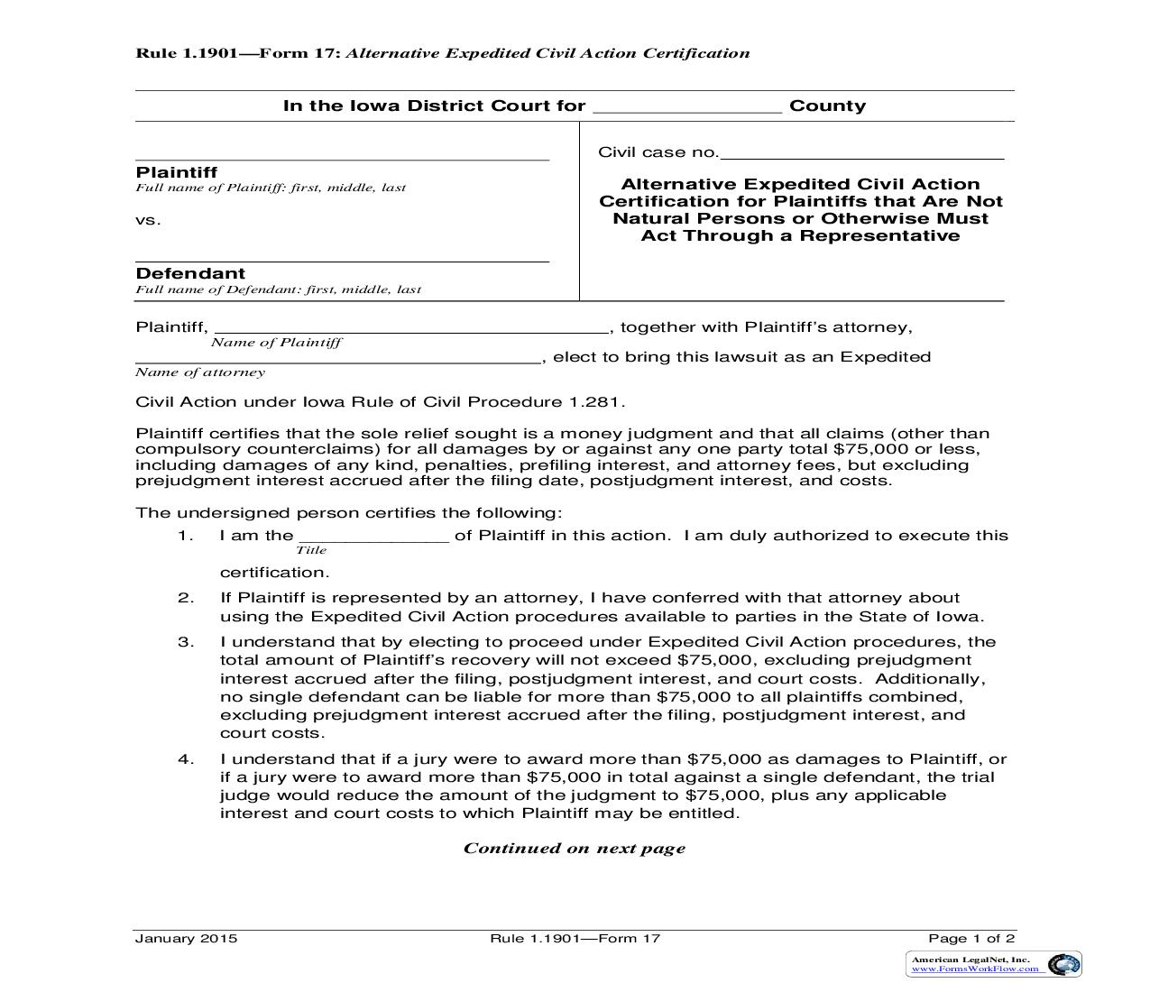 Alternative Expedited Civil Action Certfication For Plaintiffs Not Natural Persons {Rule 1.1901 Form 17} | Pdf Fpdf Doc Docx | Iowa