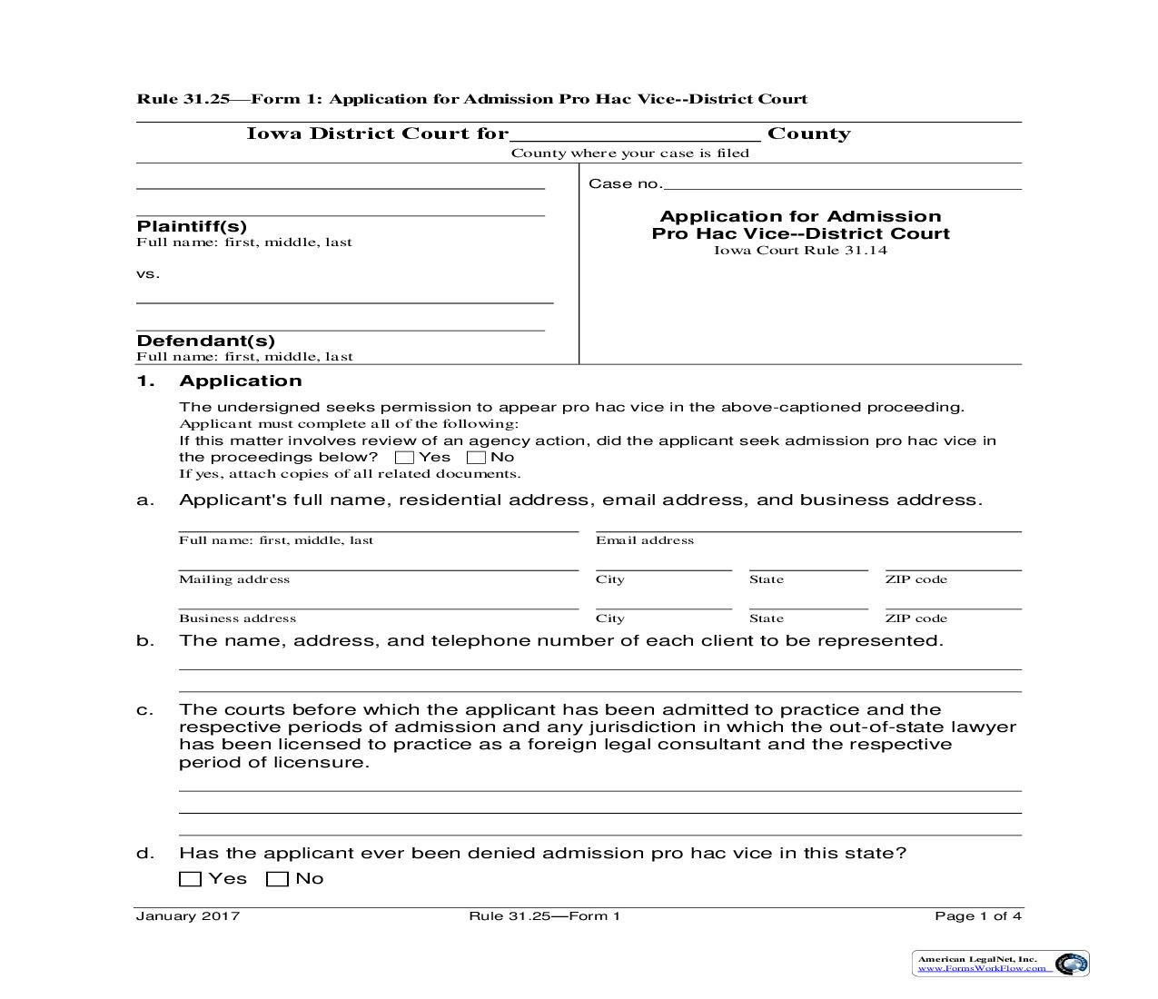 Application For Admission Pro Hac Vice District Court {Rule 31.25 Form 1} | Pdf Fpdf Doc Docx | Iowa