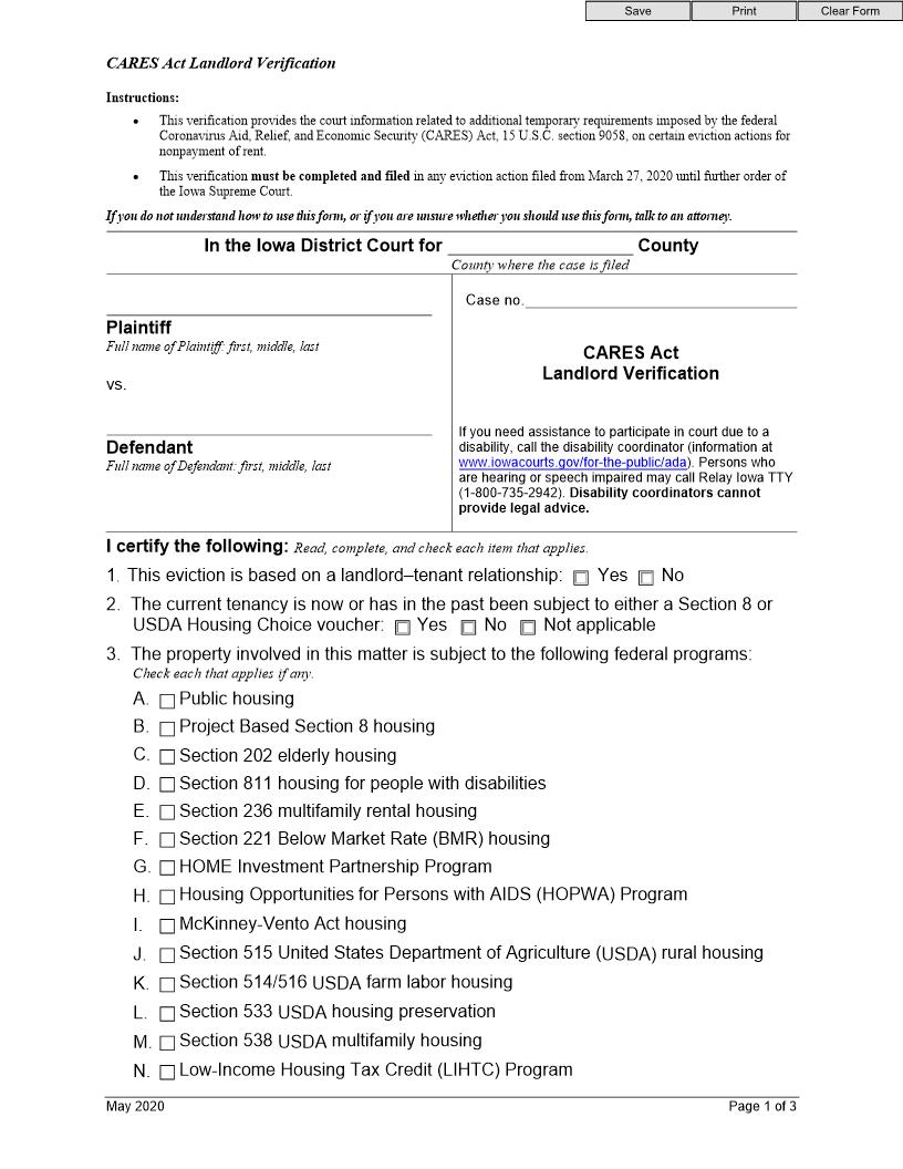 CARES Act Landlord Verification | Pdf Fpdf Docx | Iowa