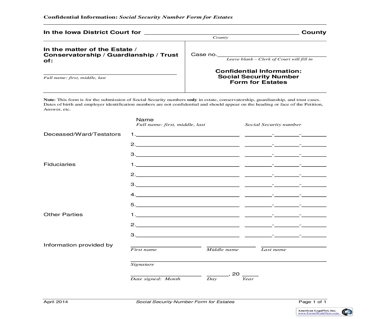 Confidential Information -  Social Security Number For Estates | Pdf Fpdf Doc Docx | Iowa