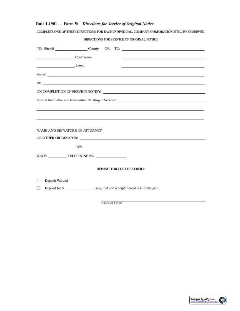 Directions For Service Of Original Notice {Rule 1.1901 Form 5} | Pdf Fpdf Docx | Iowa