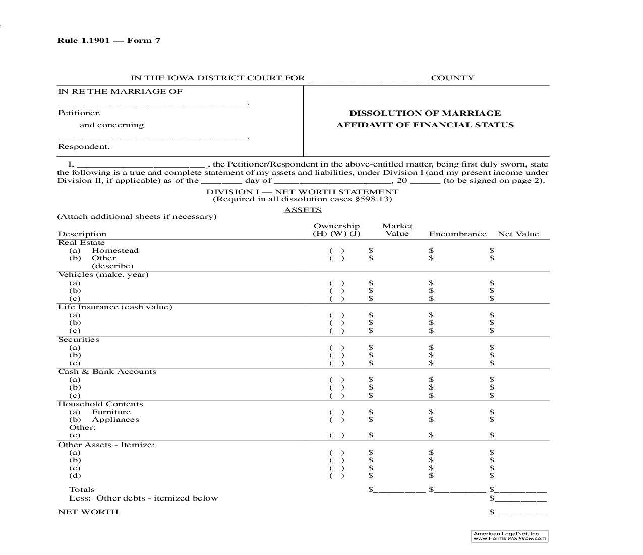 Dissolution Of Marriage Affidavit Of Financial Status {Rule 1.1901 Form 7} | Pdf Fpdf Doc Docx | Iowa