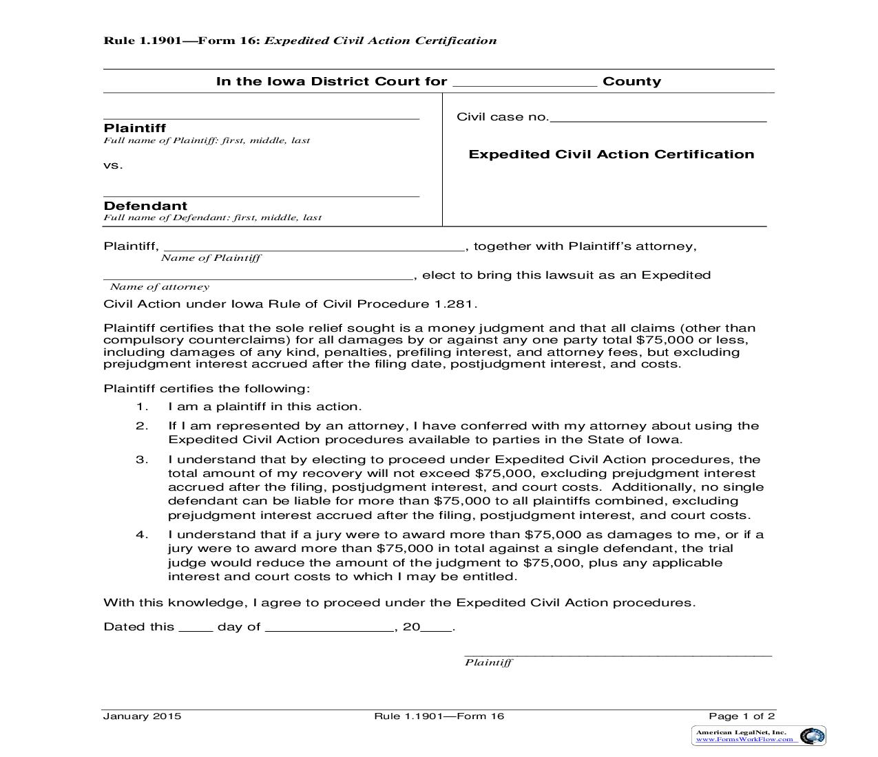 Expedited Civil Action Certfication {Rule 1.1901 Form 16} | Pdf Fpdf Doc Docx | Iowa