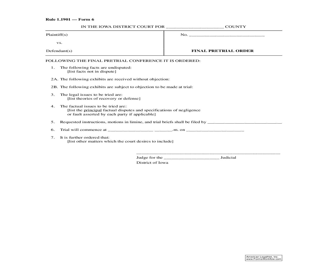 Final Pretrial Order {Rule 1.1901 Form 6} | Pdf Fpdf Doc Docx | Iowa