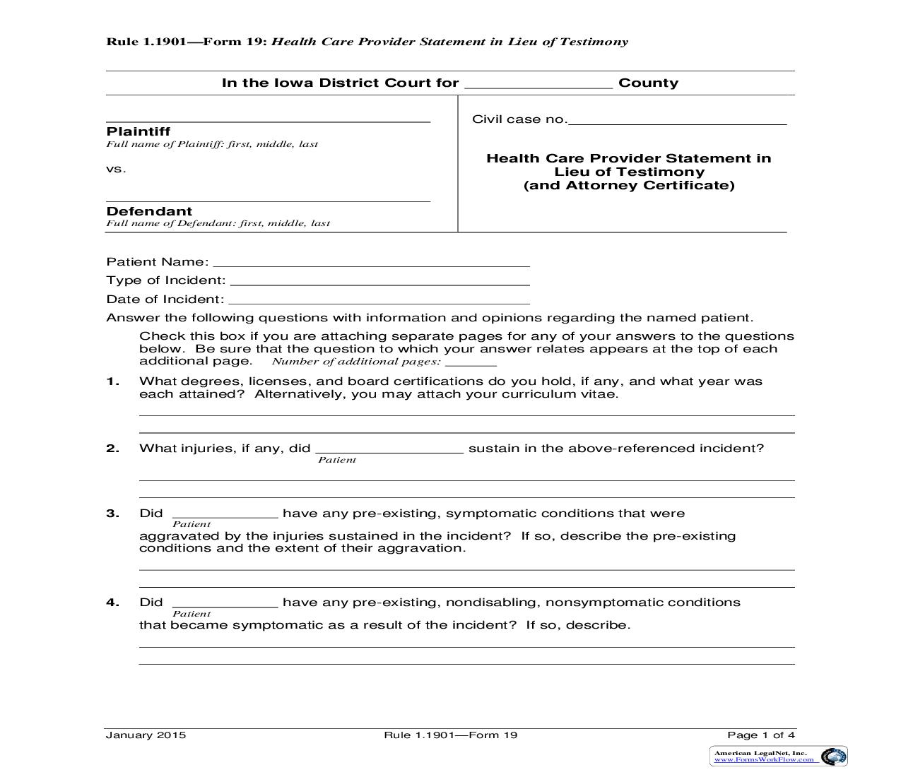 Health Care Provider Statement In Lieu Of Testimony (And Attorney Certificate) {Rule 1.1901 Form 19} | Pdf Fpdf Doc Docx | Iowa