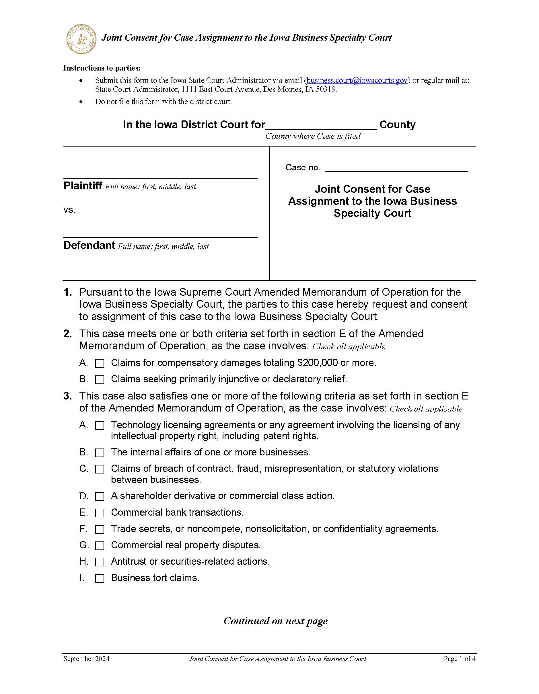 Joint Consent For Case Assignment To Business Specialty Court | Pdf Fpdf Docx | Iowa