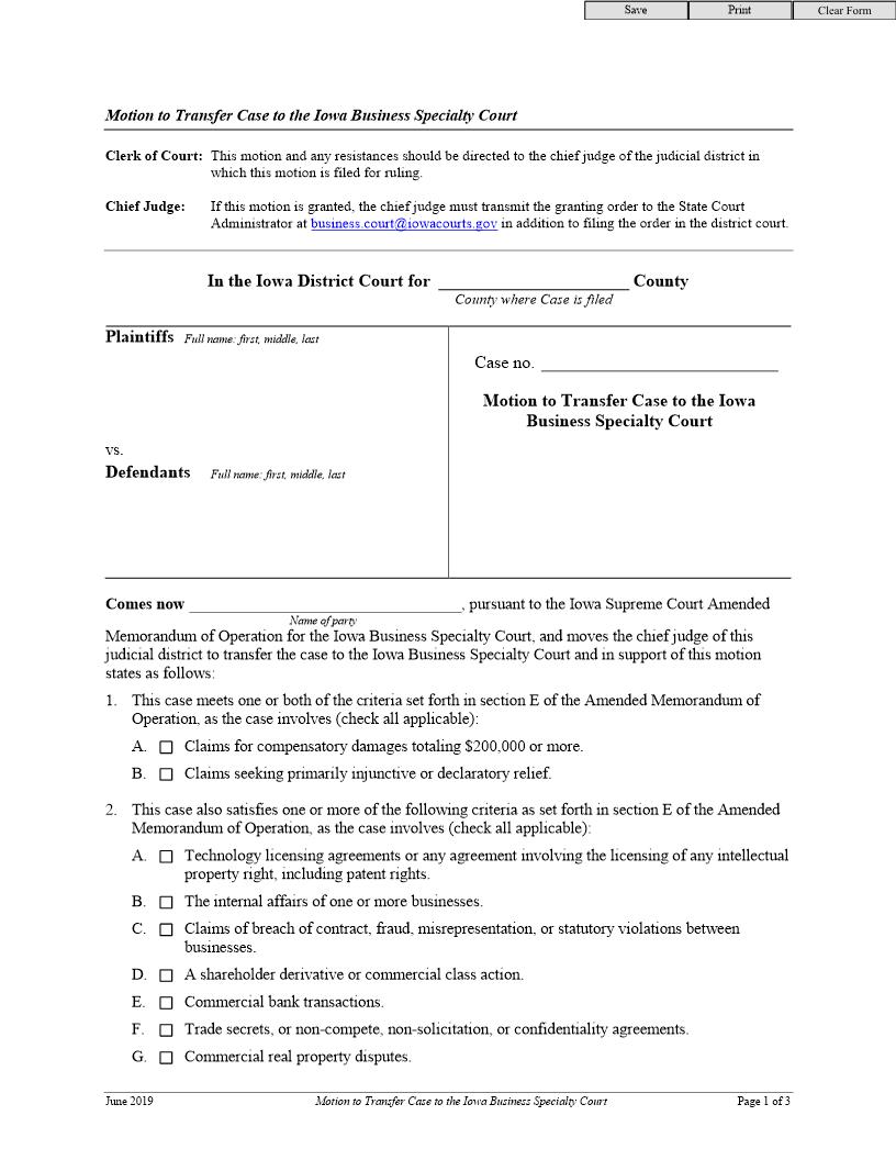 Motion To Transer Case To The Iowa Business Specialty Court | Pdf Fpdf Docx | Iowa