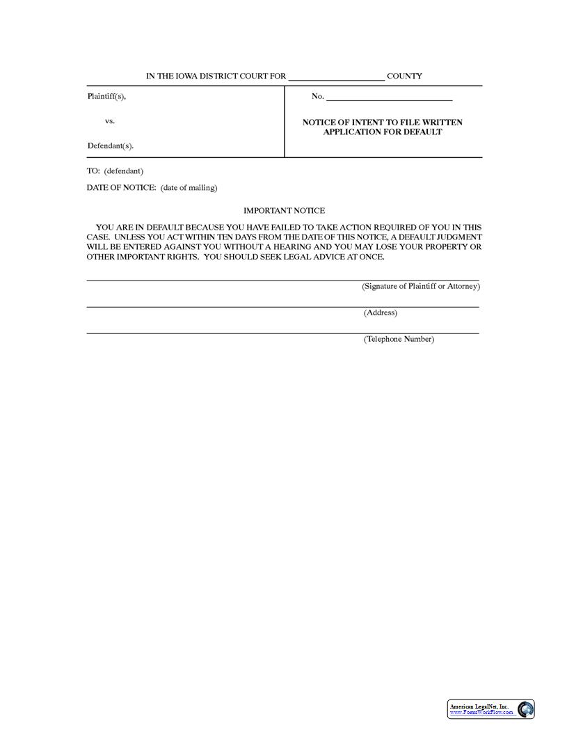 Notice Of Intent To File Written Application For Default {Rule 1.1901 Form 10} | Pdf Fpdf Docx | Iowa