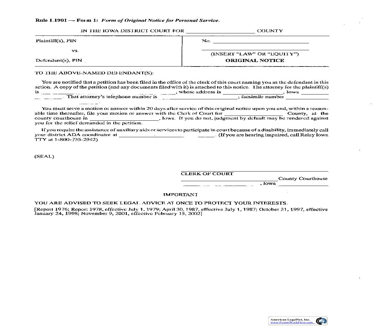 Original Notice For Personal Service {Rule 1.1901 Form 1} | Pdf Fpdf Doc Docx | Iowa