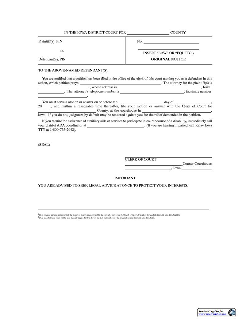 Original Notice For Publication {Rule 1.1901 Form 4} | Pdf Fpdf Docx | Iowa