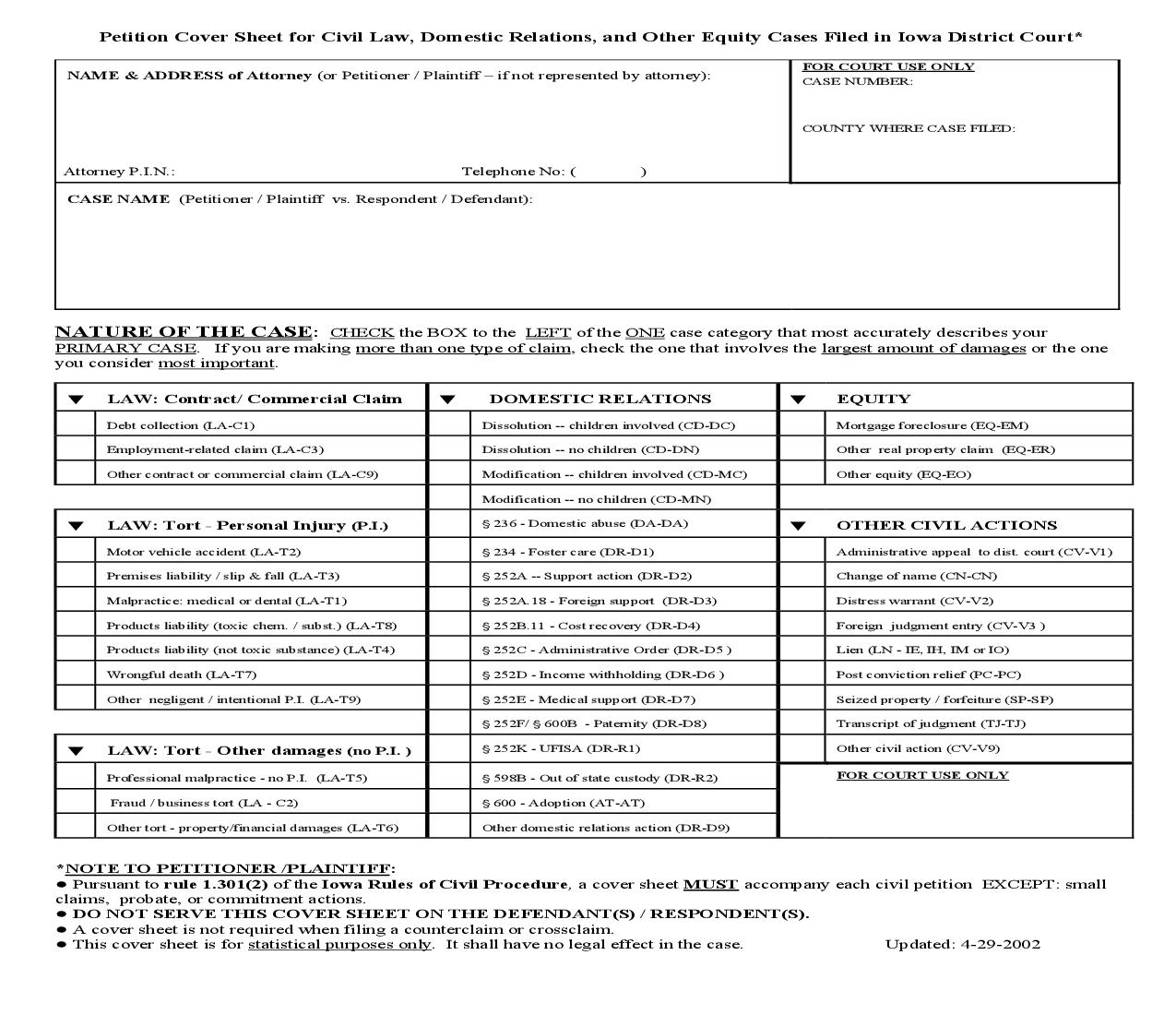 Petition Cover Sheet For Civil Law Domestic Relations And Other Equity Cases | Pdf Fpdf Doc Docx | Iowa