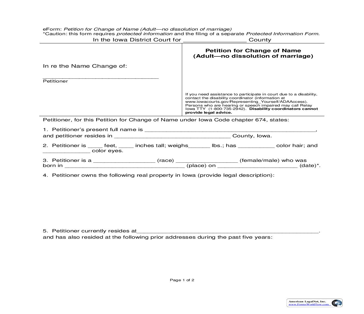 Petition For Change Of Name (Adult) (Efile) | Pdf Fpdf Doc Docx | Iowa
