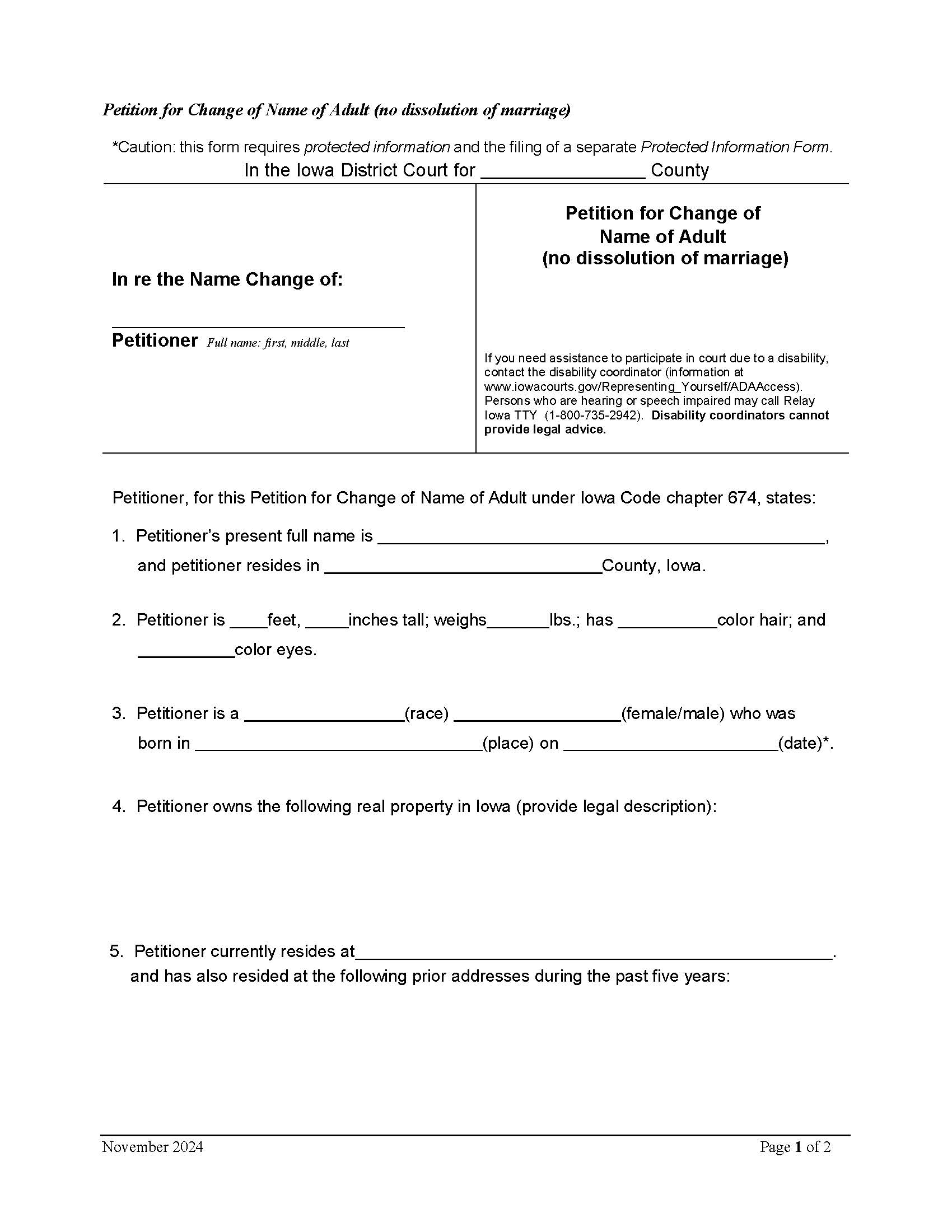 Petition For Change Of Name (Adult-No Dissolution Of Marriage)) | Pdf Fpdf Doc Docx | Iowa