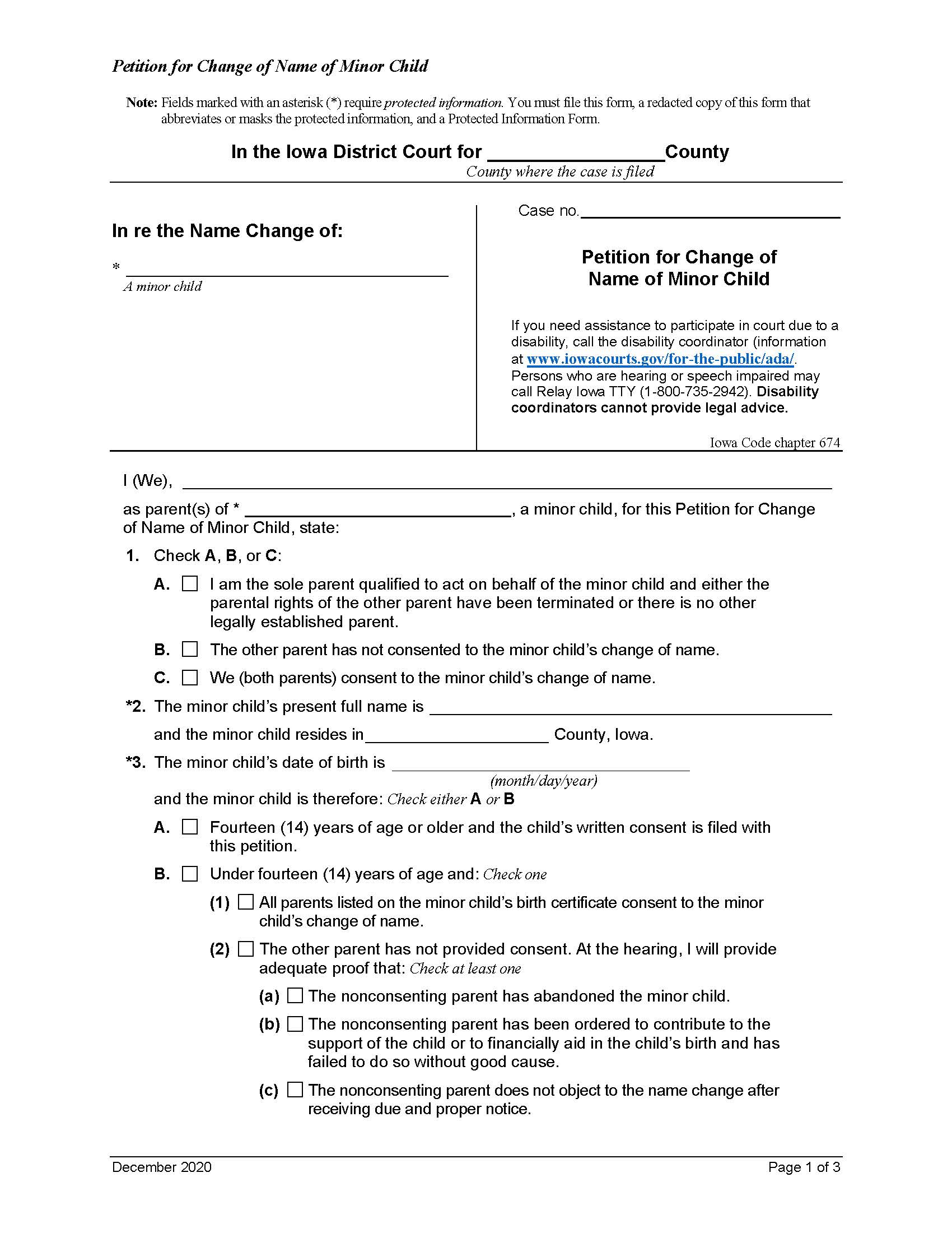 Petition For Change Of Name Of Minor Child {IASW PCNMC} | Pdf Fpdf Doc Docx | Iowa