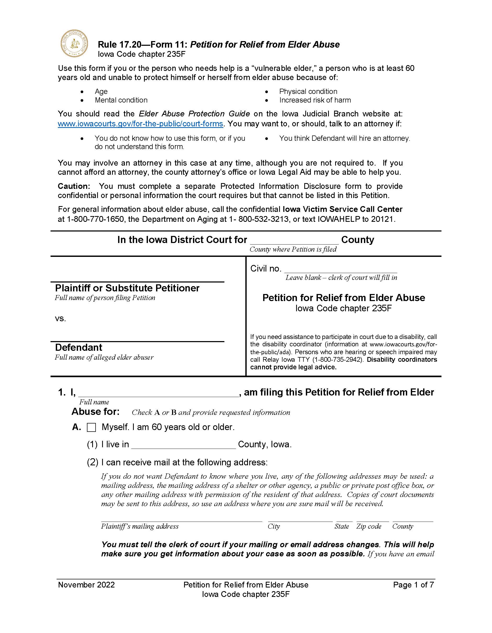 Petition For Relief From Elder Abuse | Pdf Fpdf Doc Docx | Iowa