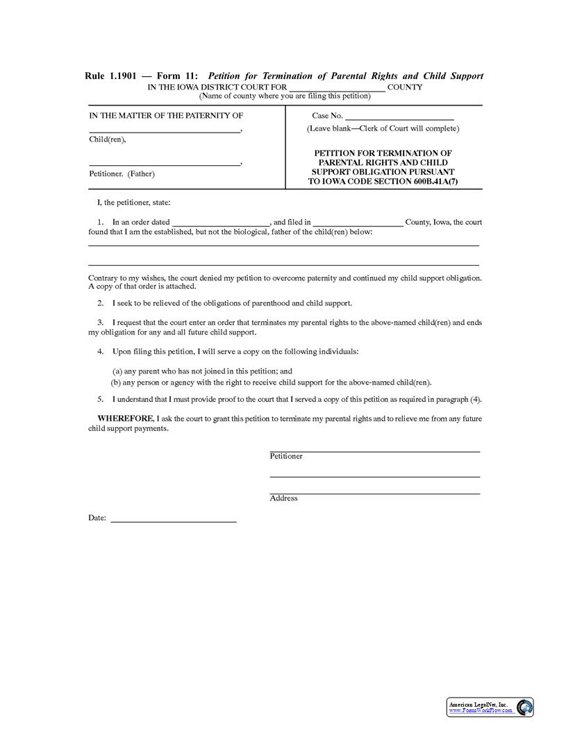 Petition For Termination Of Parental Rights And Child Support Obligation {Rule 1.1901 Form 11} | Pdf Fpdf Docx | Iowa