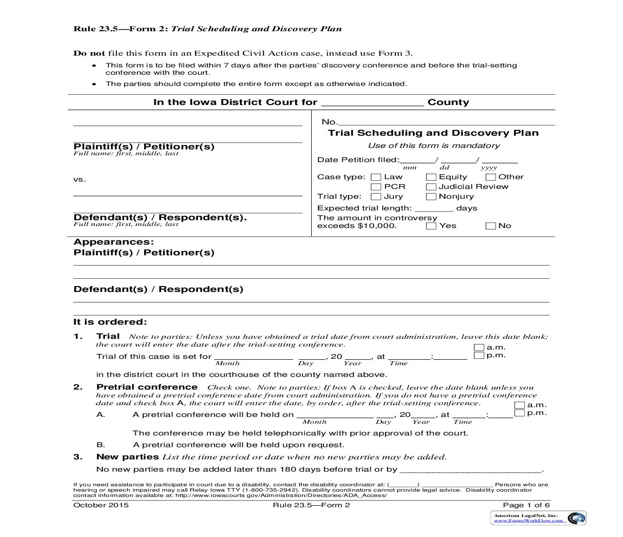 Trial Scheduling And Discovery Plan {Rule 23.5 Form 2} | Pdf Fpdf Doc Docx | Iowa