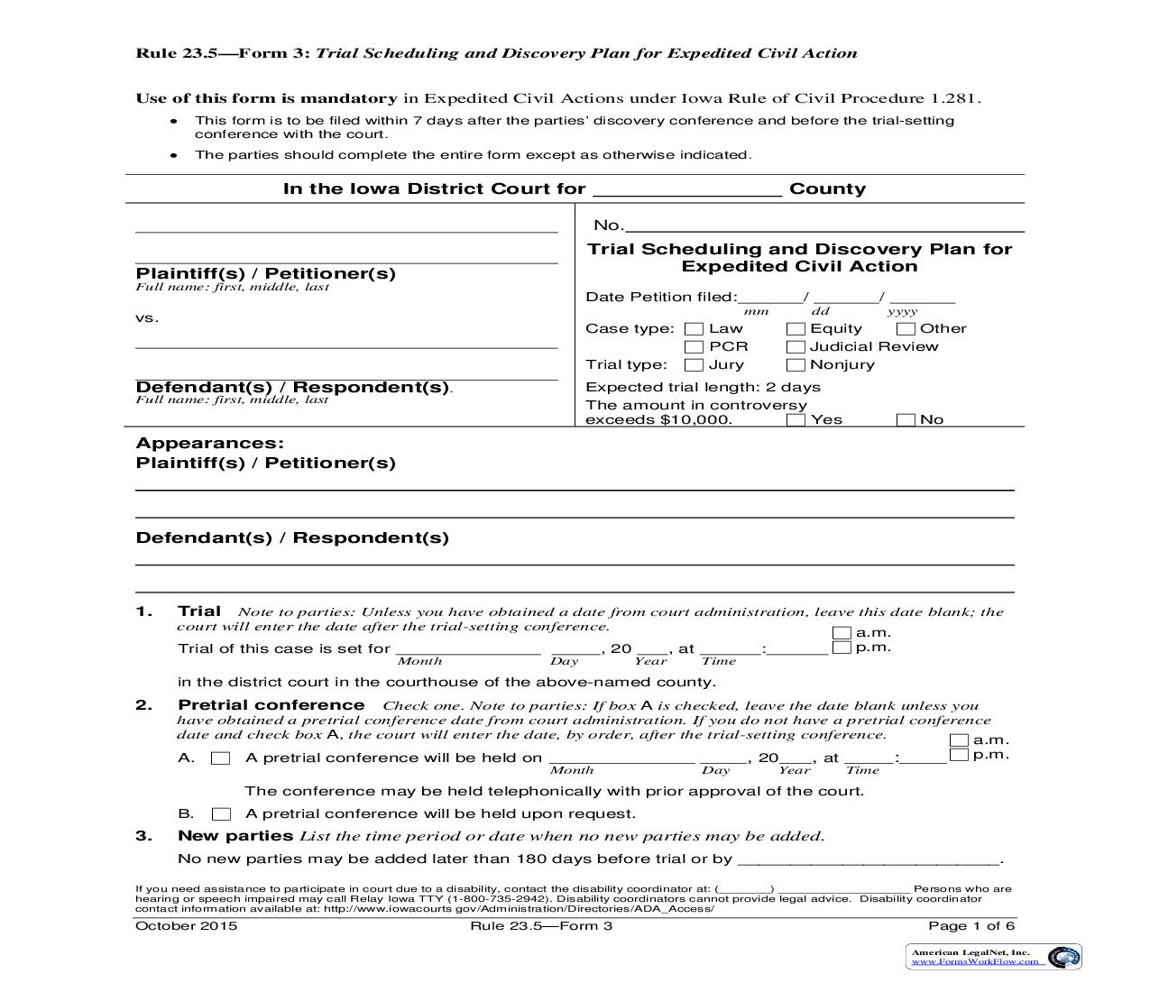 Trial Scheduling And Discovery Plan For Expedited Civil Action {Rule 23.5 Form 3} | Pdf Fpdf Doc Docx | Iowa