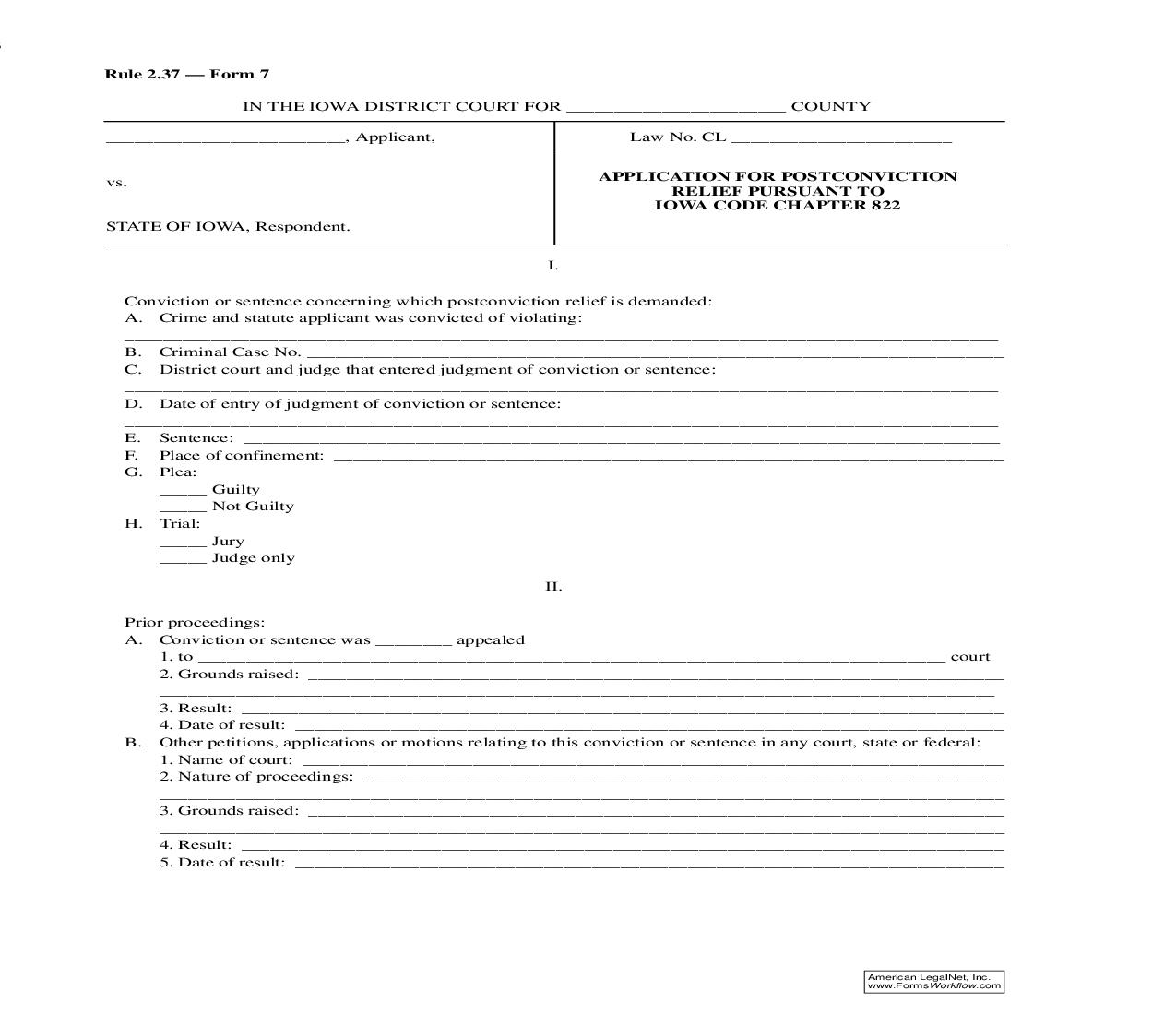 Application For Postconviction Relief {Rule 2.37 Form 7} | Pdf Fpdf Doc Docx | Iowa