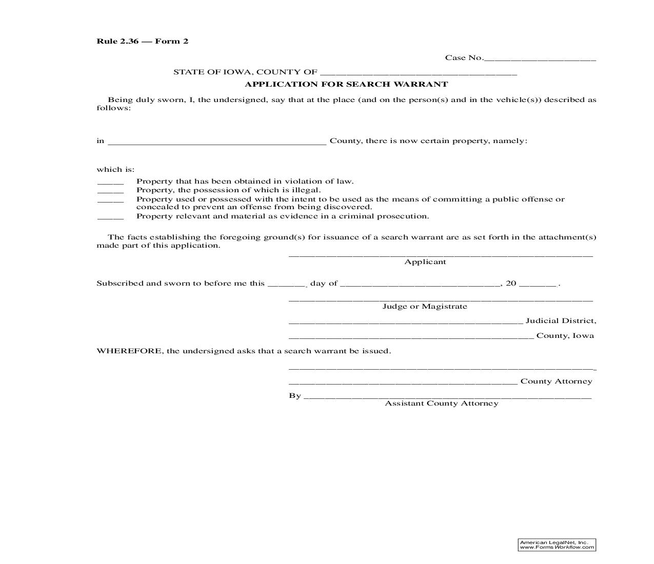 Application For Search Warrant {Rule 2.36 Form 2} | Pdf Fpdf Doc Docx | Iowa