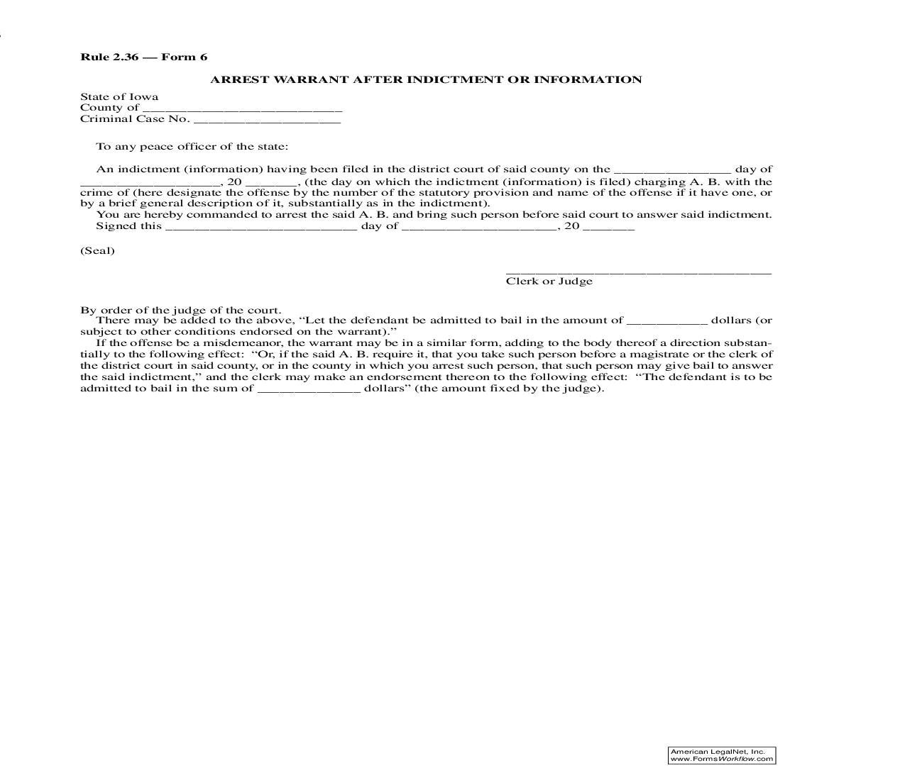 Arrest Warrant After Indictment Or Information {Rule 2.36 Form 6} | Pdf Fpdf Doc Docx | Iowa