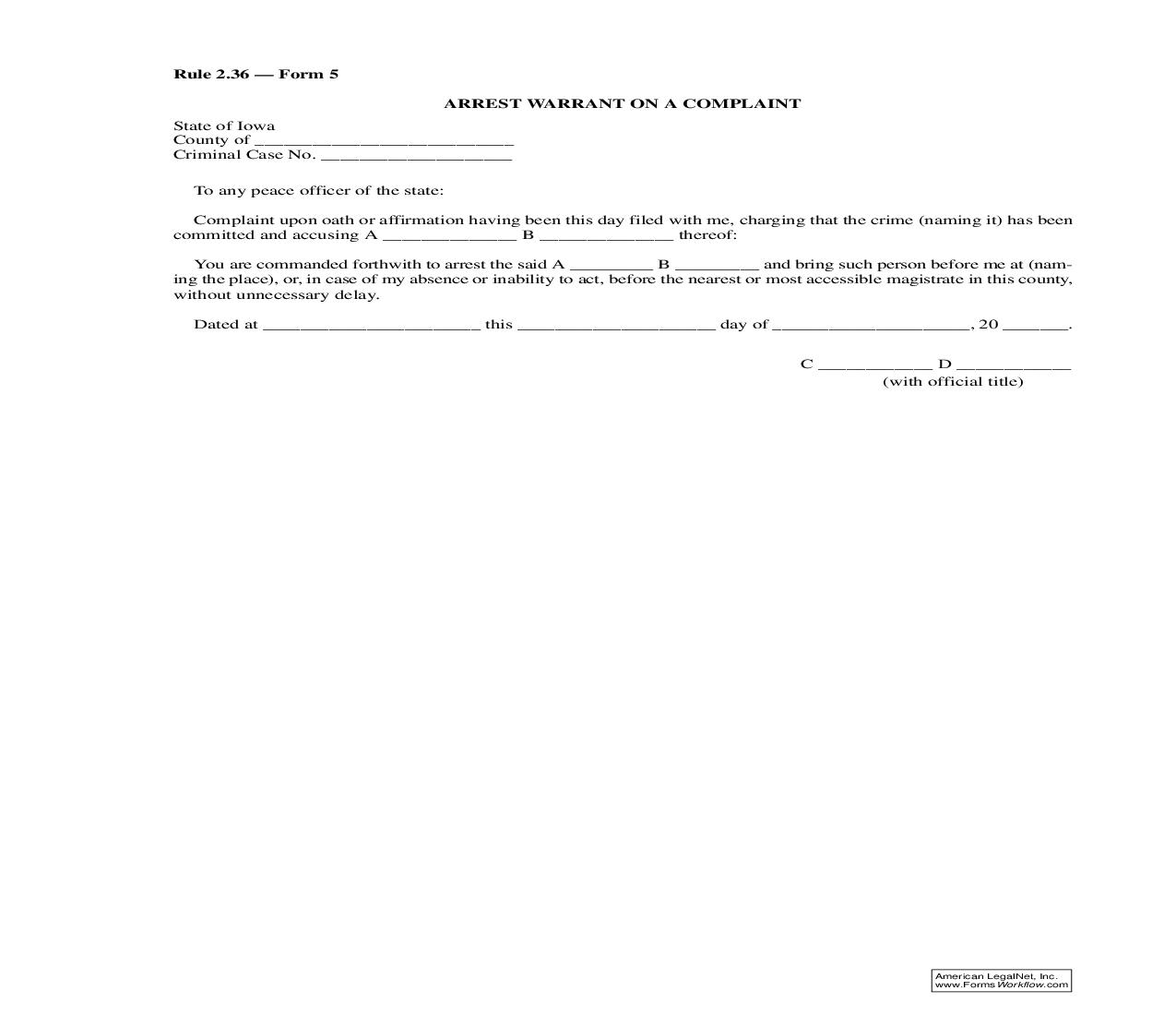 Arrest Warrant On A Complaint {Rule 2.36 Form 5} | Pdf Fpdf Doc Docx | Iowa